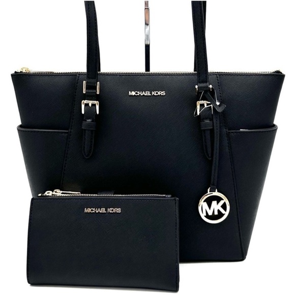Michael Kors Large Charlotte Tote Bag & Large Double Zip Wallet Black - Picture 1 of 14